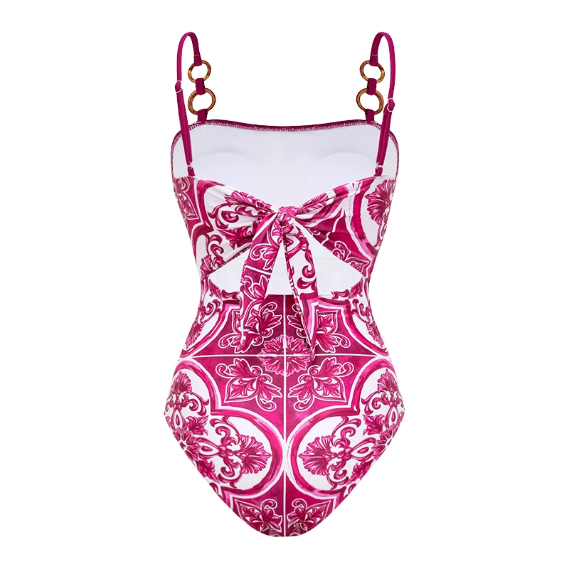 Sling Classic Majolica Series Pattern Print One Piece Swimsuit and Skirt - Pink