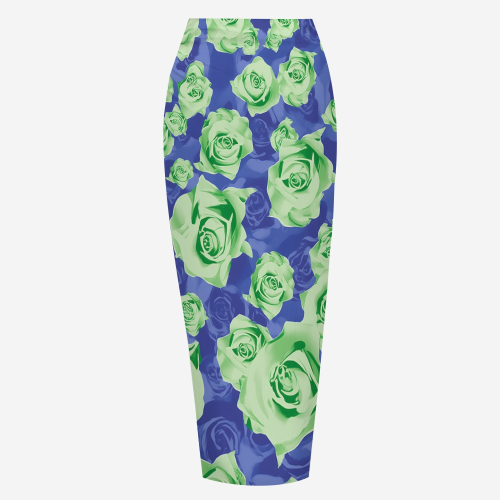 Green Rose Print Teardrop Cutout One-Piece Swimsuit with Matching Sarong Skirt
