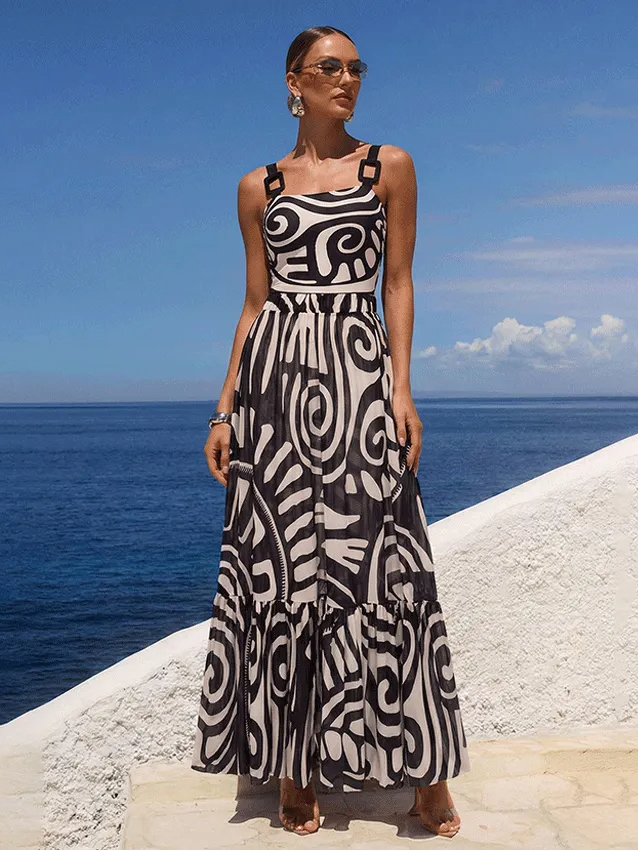 Adjustable Shoulder Straps Black Tribal Print Swimsuit Set