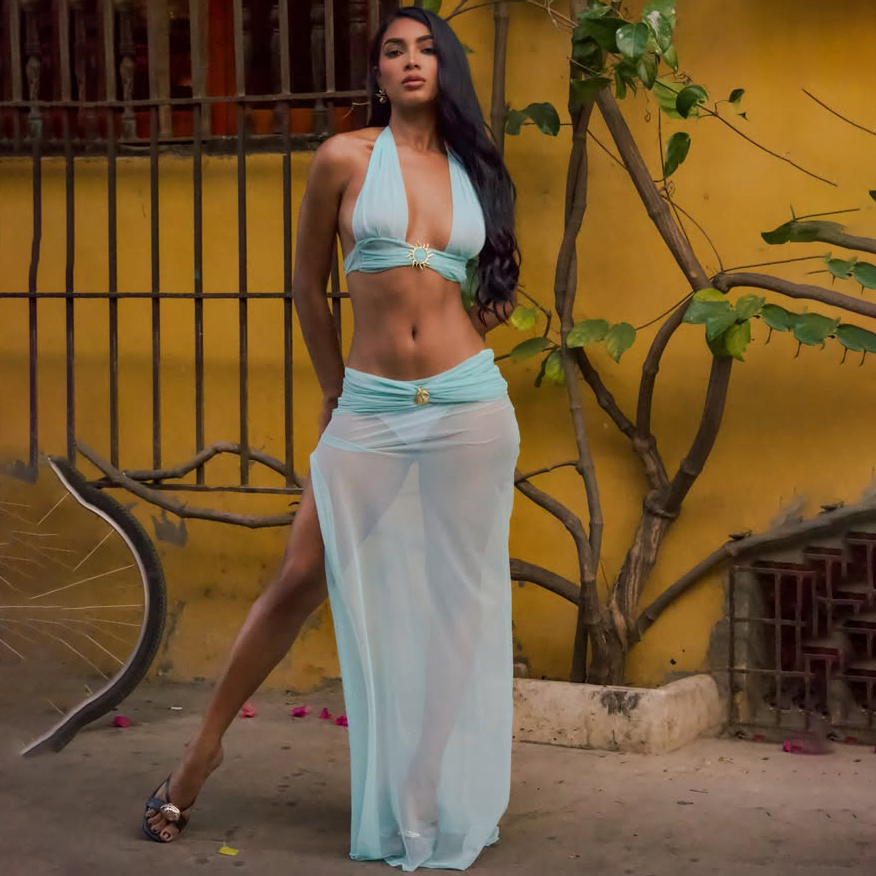 Blue Halter Neck Bikini Set with Sheer Mesh High-Slit Skirt