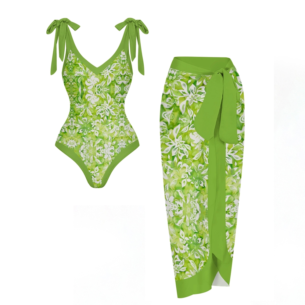Women’s Green Floral Swimsuit & Wrap Skirt Set with Bow Straps and V-Neckline