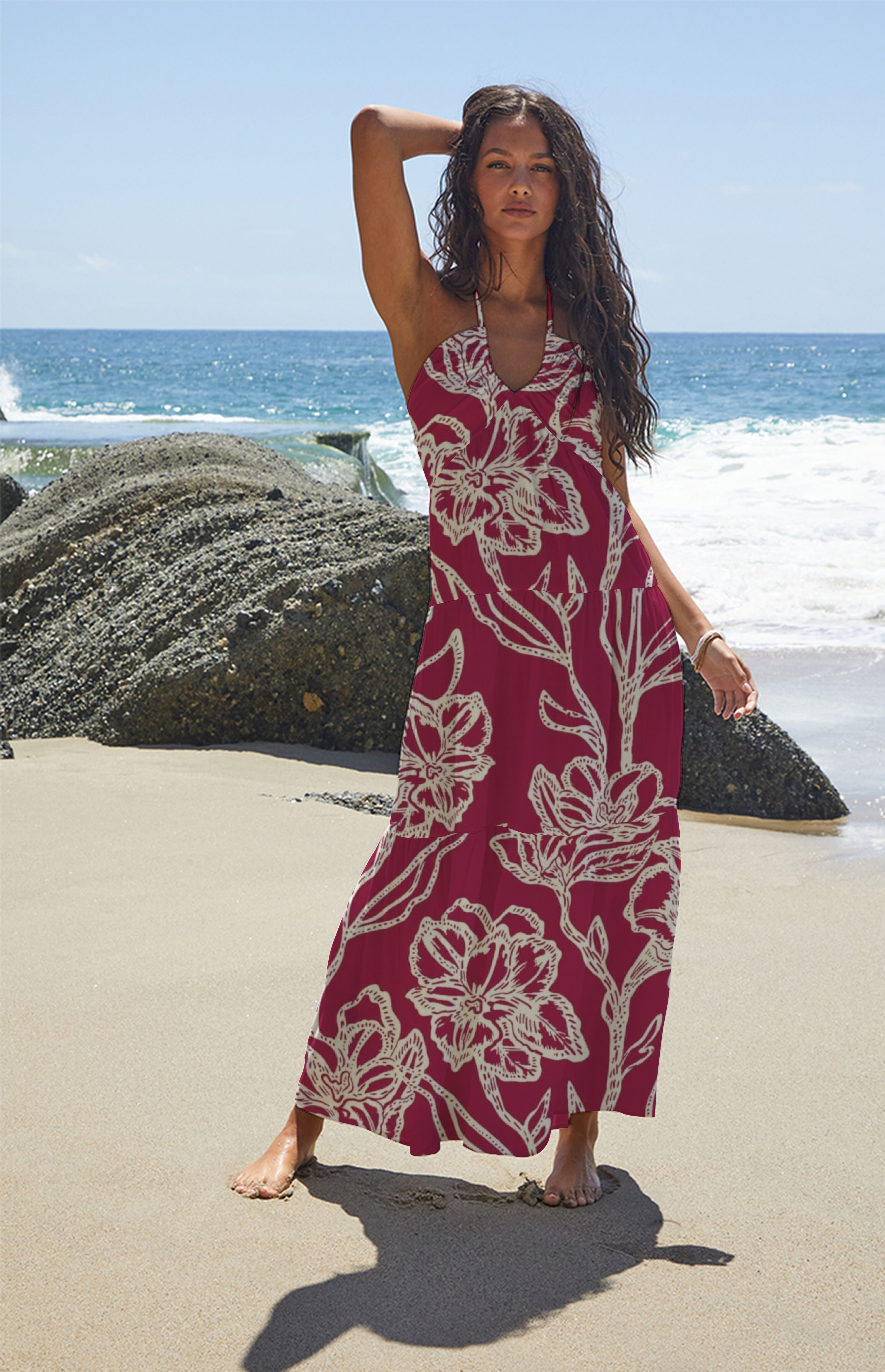 Burgundy Hand-Drawn Floral Halter Maxi Dress