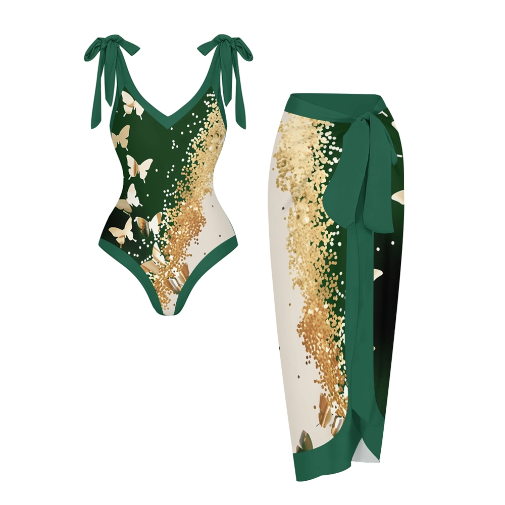 Elegant Gradient Gold Butterfly One Piece Swimsuit Set Sarong Skirt