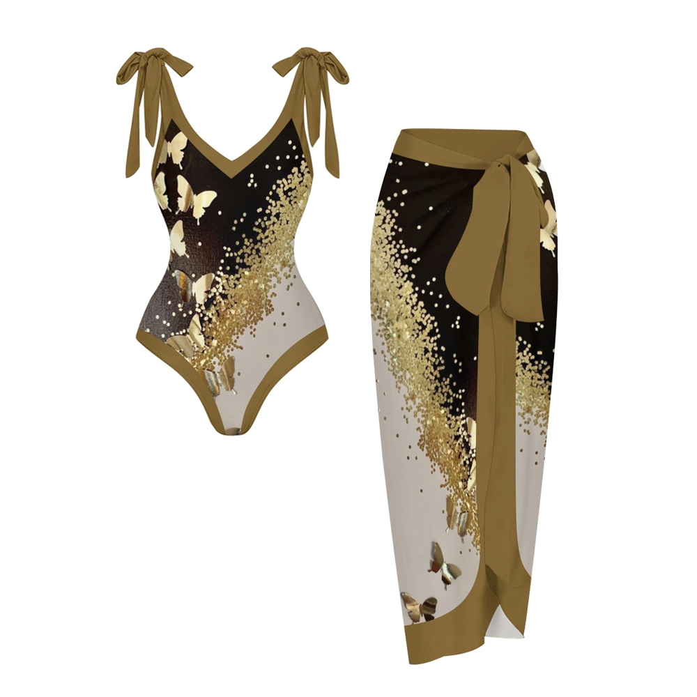 Elegant Gradient Gold Butterfly One Piece Swimsuit Set Sarong Skirt