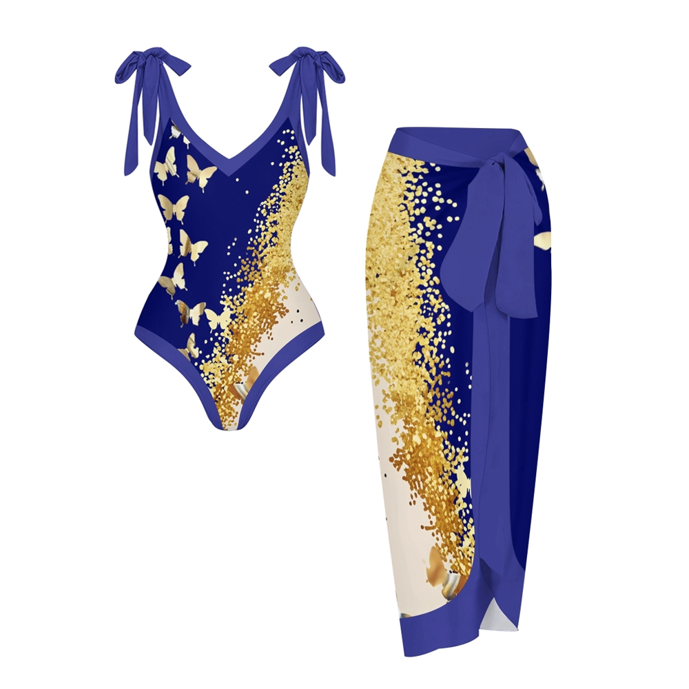 Elegant Gradient Gold Butterfly One Piece Swimsuit Set Sarong Skirt