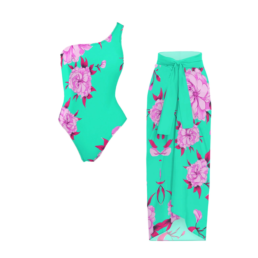 Women's Tropical Floral One-Shoulder One-Piece Swimsuit with Matching Sarong Skirt