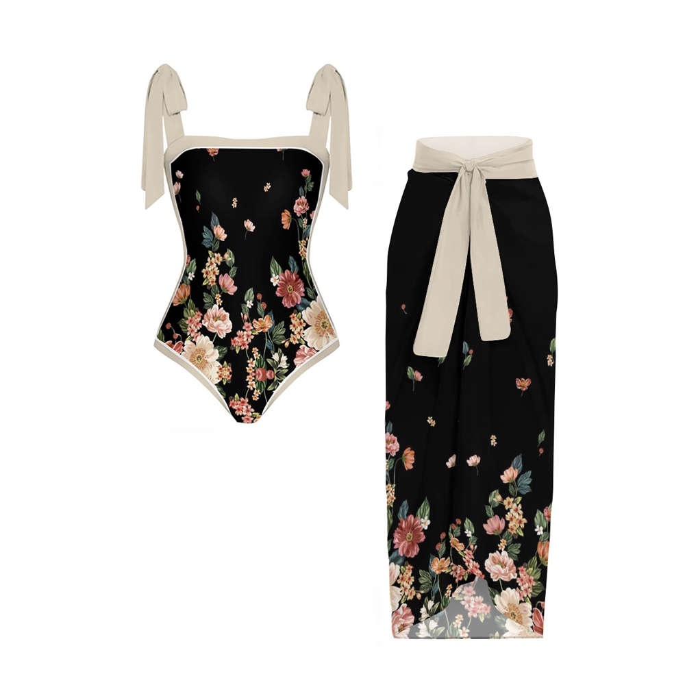Women's Floral Bow Straps One-Piece Swimsuit and Matching Sarong Skirt