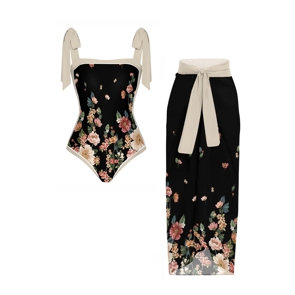 Women's Floral Bow Straps One-Piece Swimsuit and Matching Sarong Skirt