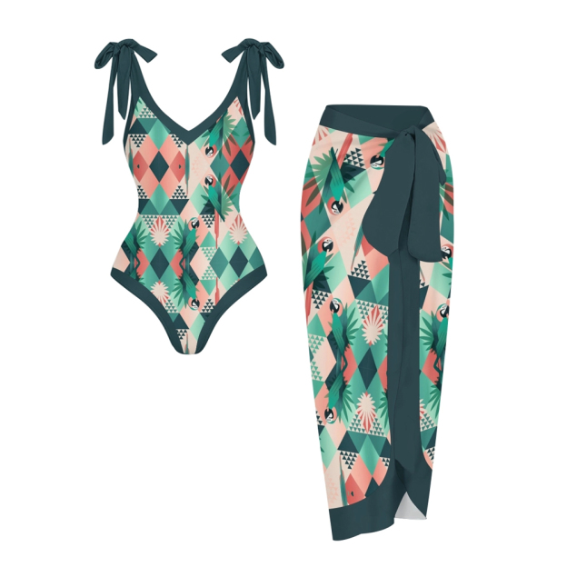 Women’s Tropical Print Swimsuit & Wrap Skirt Set with Parrot and Leaf Motif