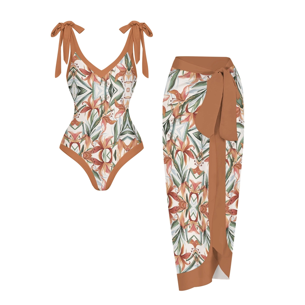 Women’s Floral Swimsuit & Wrap Skirt Set with Orange Lily Print and Rust Trim