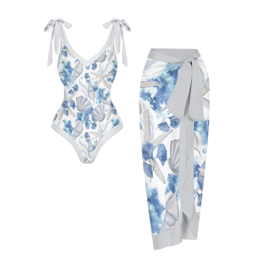 Women’s Ocean-Themed Swimsuit & Wrap Skirt Set with Seashell and Starfish Print