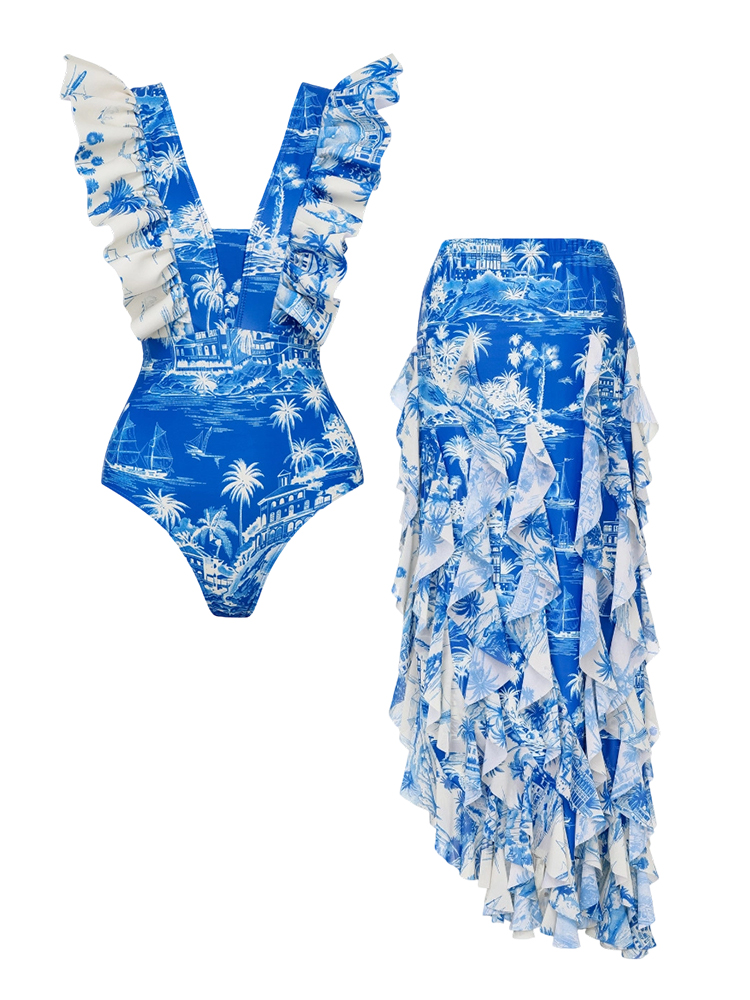 New Blue Palm Tree Island Print One-Piece Swimsuit Set with Skirt