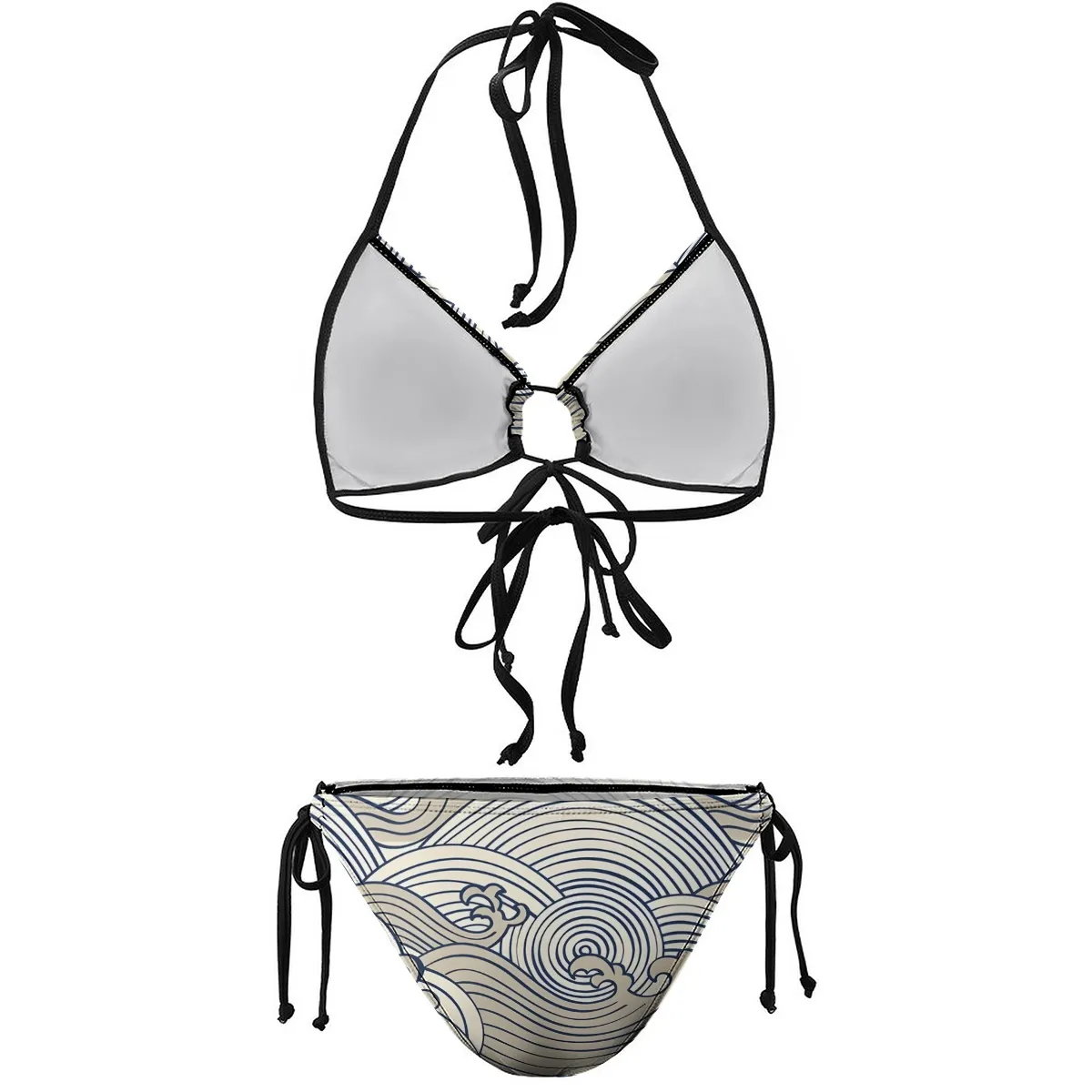 Stylish Bikini Set Ukiyoe Style Wave Pattern with Adjustable Tie Bottoms