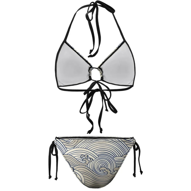 Stylish Bikini Set Ukiyoe Style Wave Pattern with Adjustable Tie Bottoms