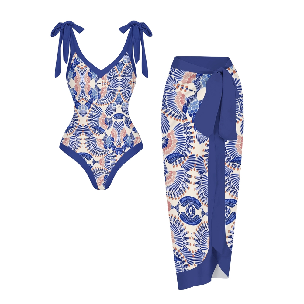 Women’s Blue Floral Swimsuit & Wrap Skirt Set with Keyhole Cutout and Bow Straps