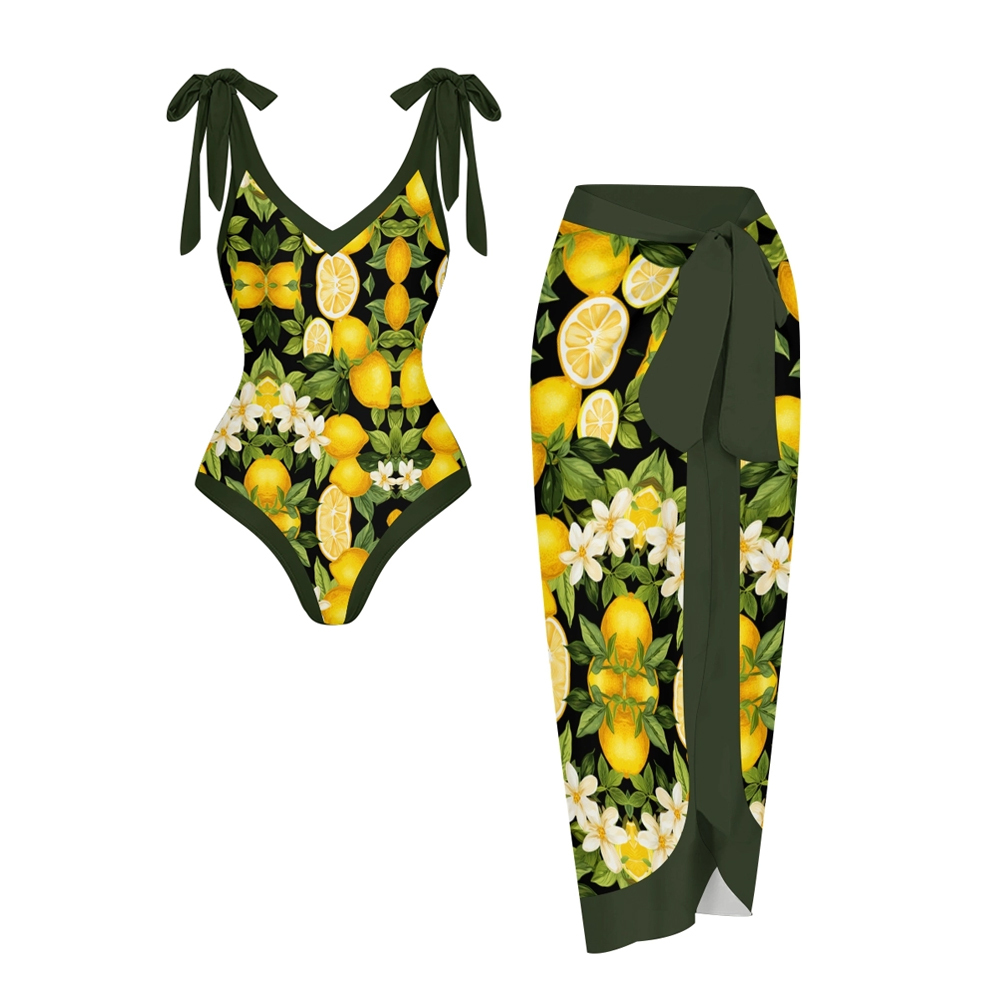 Tropical Fruit-Themed Swimwear Set with Yellow Lemons and Green Leaf M