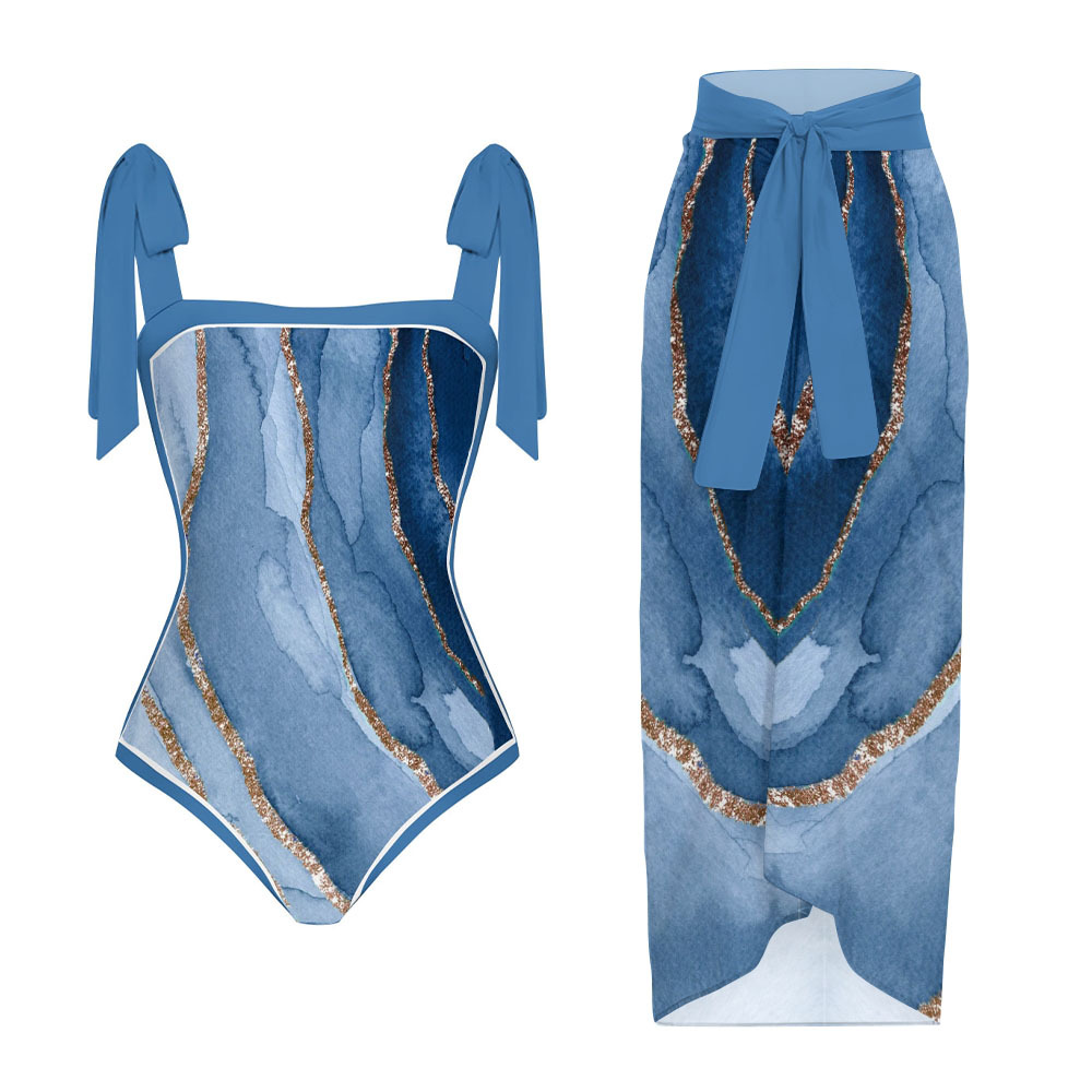 Women's Watercolor Shoulder Tie Straps One Piece Swimsuit Matching Sarong Skirt