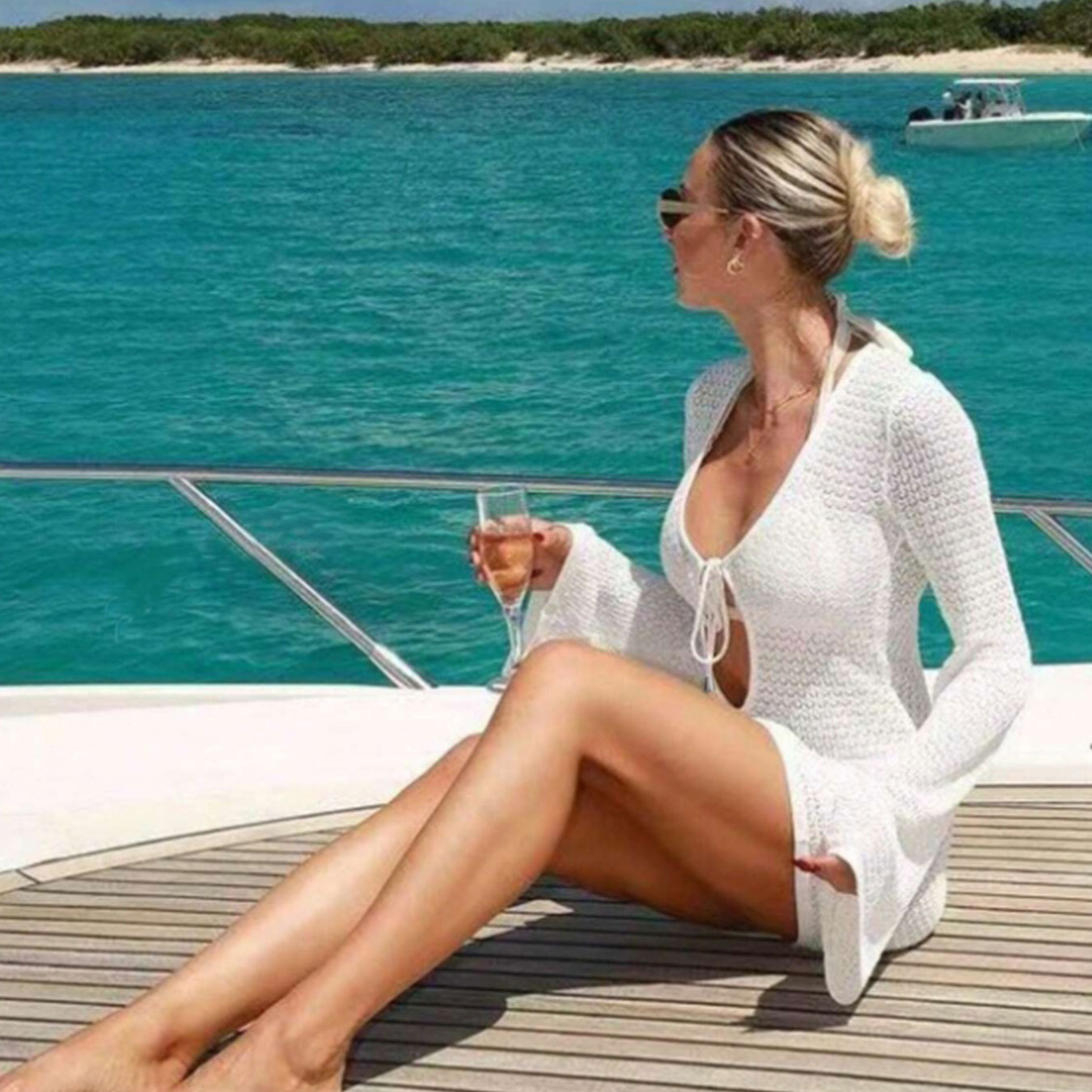 Crochet Hollow Out Tie Front V Neck Bodycon Mini Beach Dress