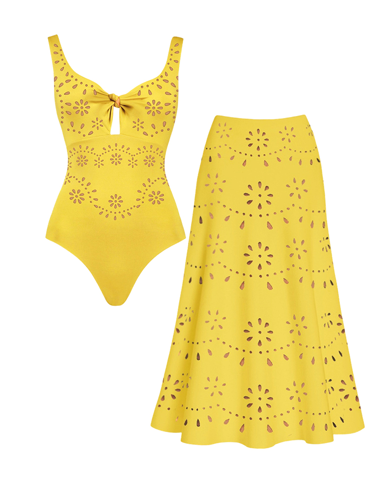 New Bright Yellow Laser-Cut Cutout One-Piece with Skirt