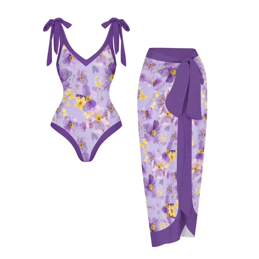 Women’s Purple Floral Swimsuit & Wrap Skirt Set with Bow Straps and V-Neckline