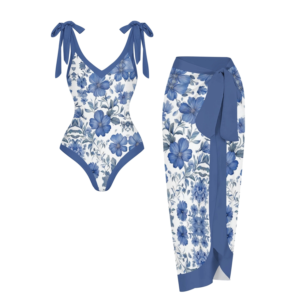 Women’s Blue Floral Swimsuit & Wrap Skirt Set with Deep V Neck and Bow Straps