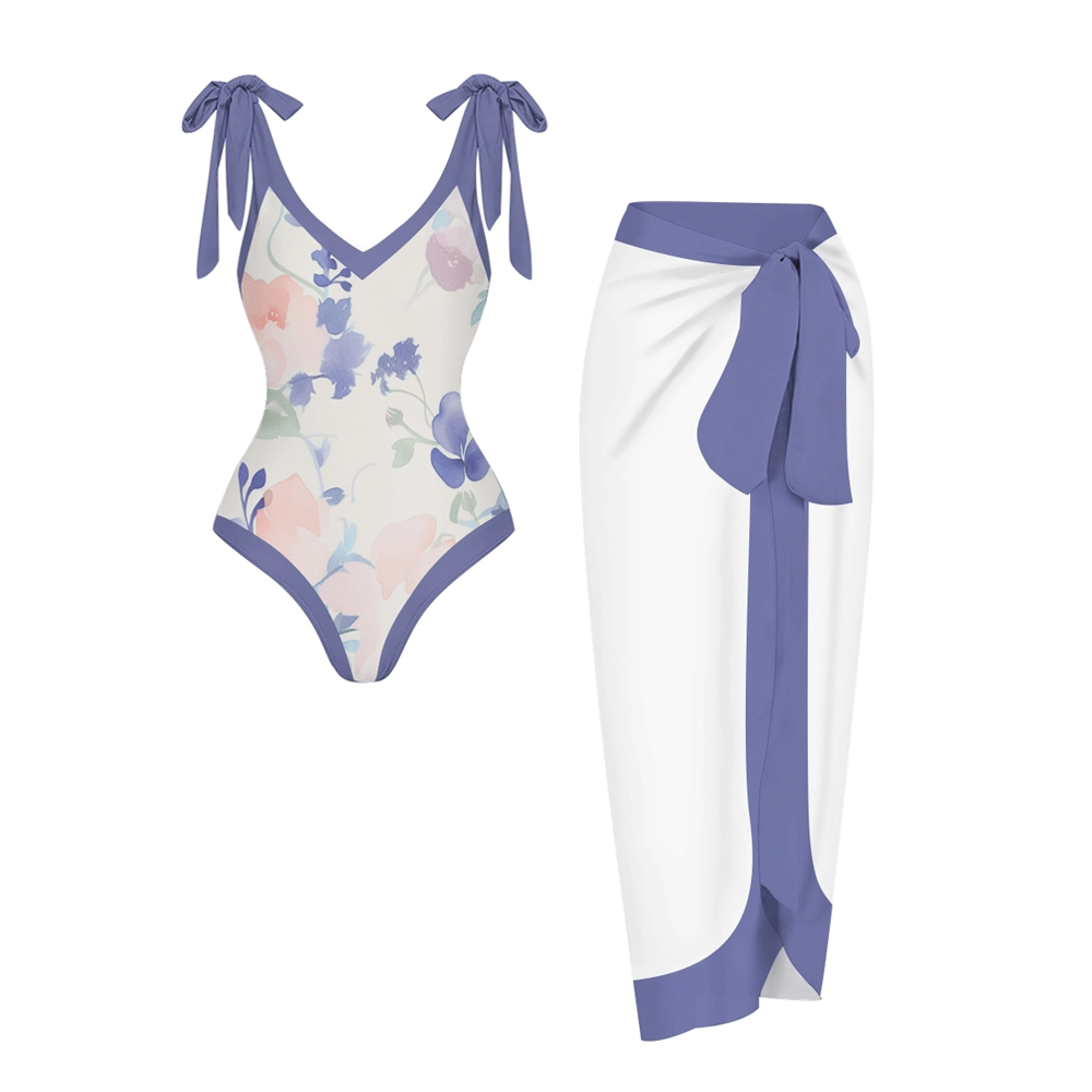 Tropical Resort Swimwear Combo with Coordinated Floral Motif and Navy 