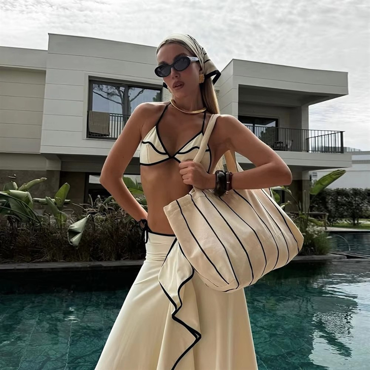 Women's Black and White Color-Block Bikini Two-Piece Swimsuit with Skirt