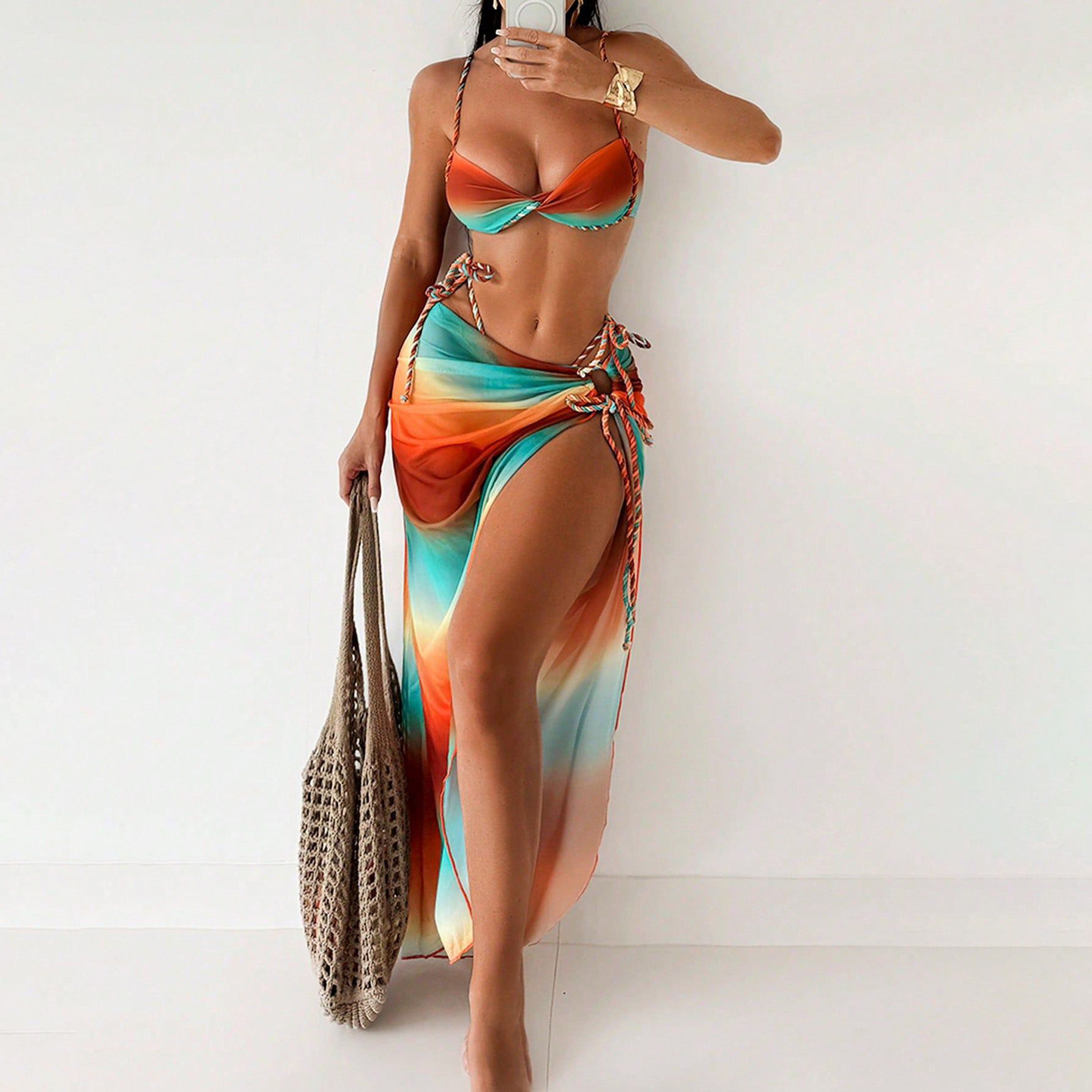 Asymmetric Tie-Dye Rope Bikini & Long Skirt Set