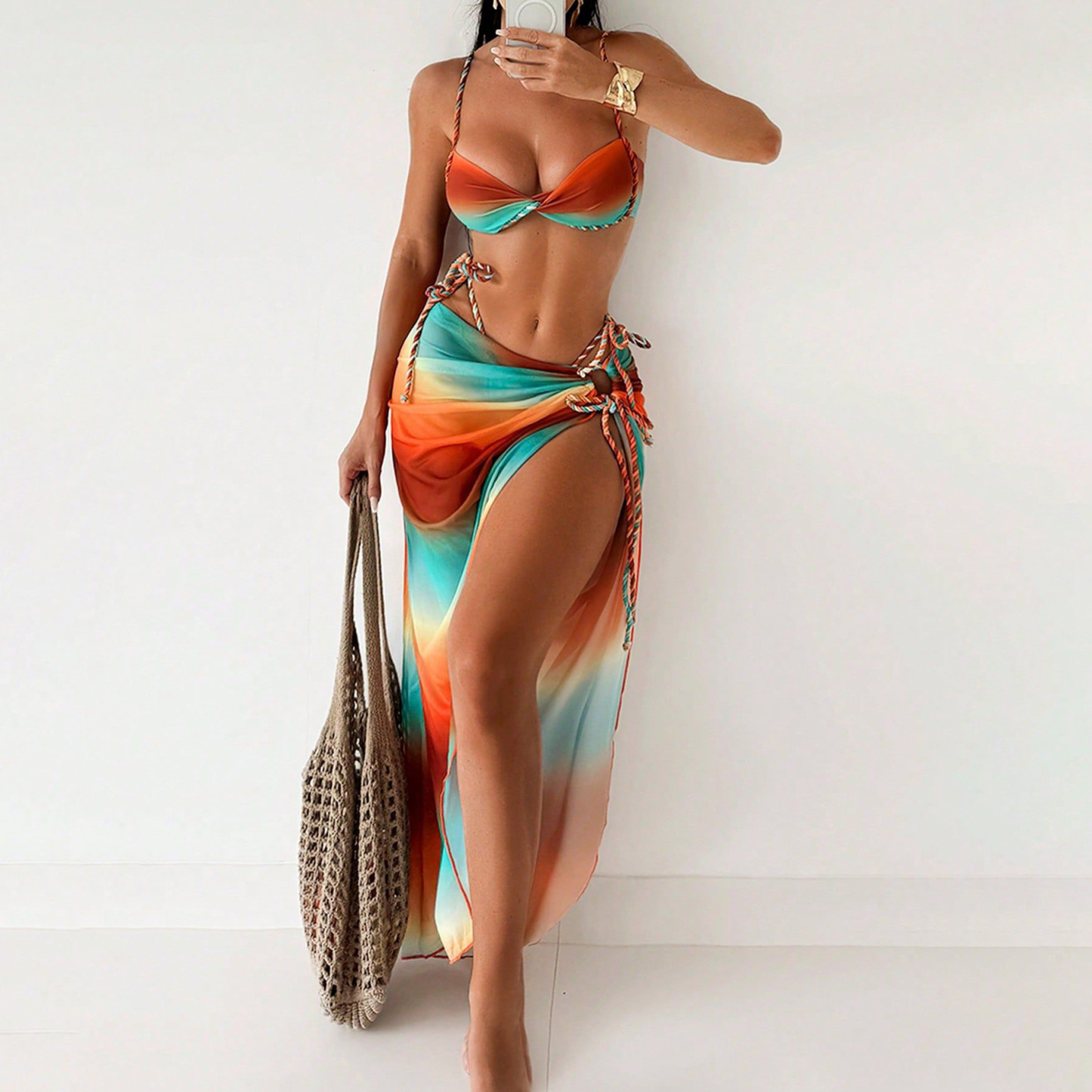Asymmetric Tie-Dye Rope Bikini & Long Skirt Set