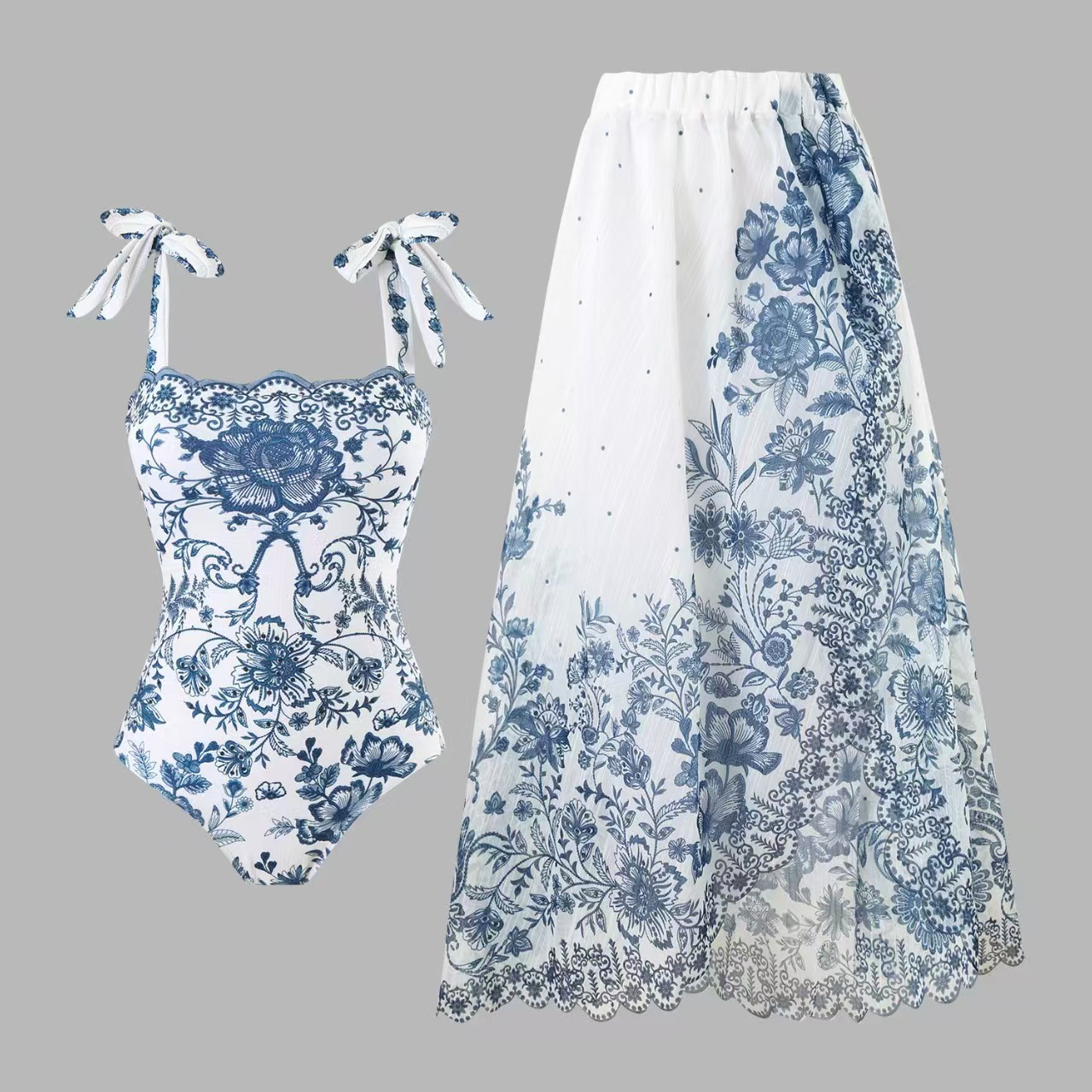Blue & White Chinoiserie Vintage One-Piece Swimsuit and Maxi Cover-Up