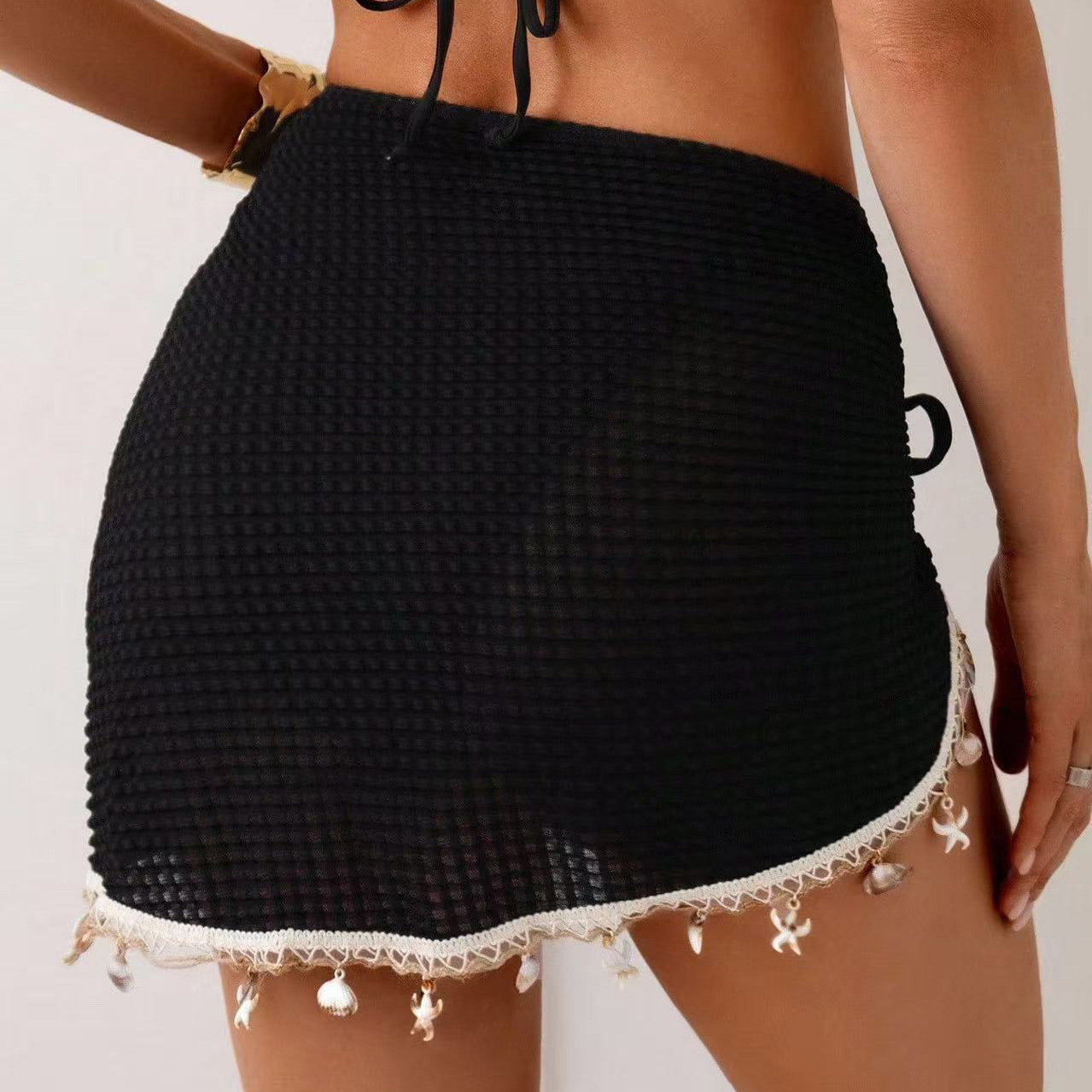 Black Knit Cover-Up Skirt Embellished with Shells, Starfish, and Fringe
