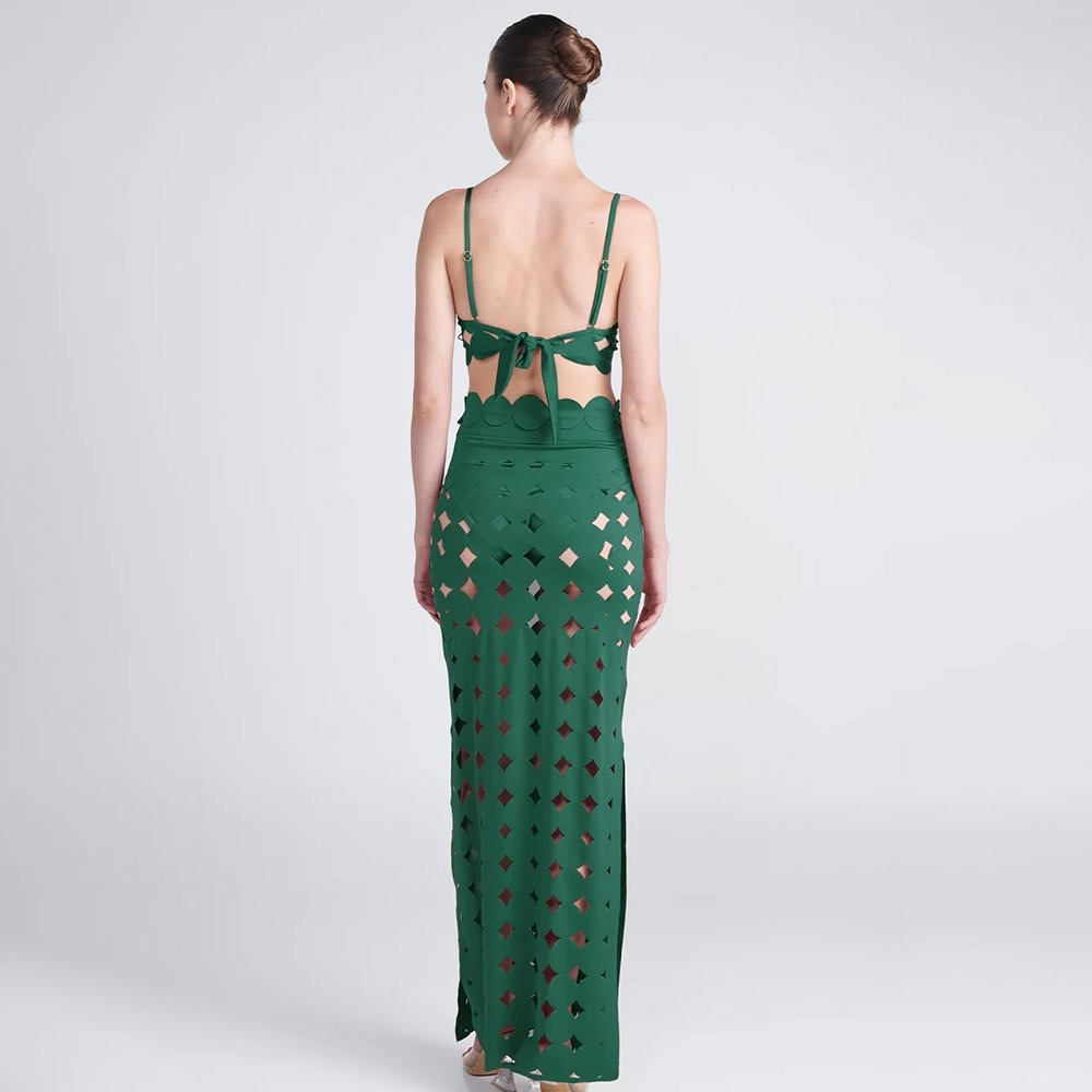 Women's New Solid Color Sexy Cut-Out Bikini Two-Piece Swimsuit with Skirt - Green