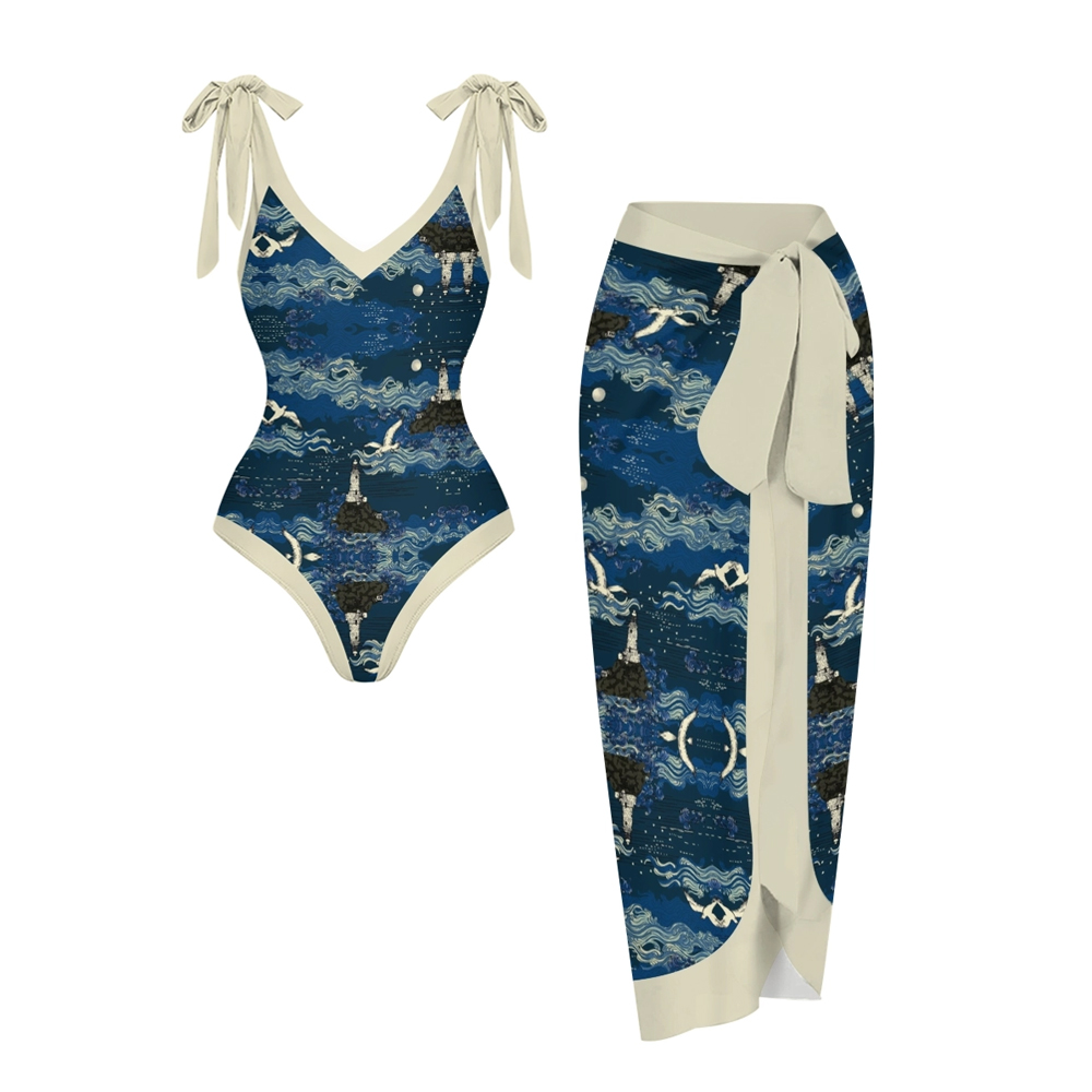 Women’s Nautical Swimsuit & Wrap Skirt Set with Lighthouse and Seagull Print