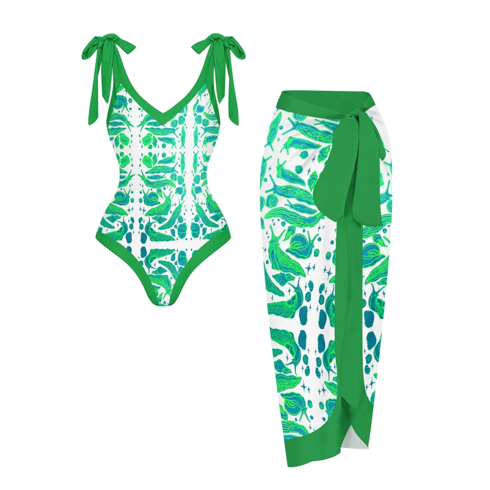 Tropical Two-Piece Swimwear Set with Deep V Neckline and Abstract Bota