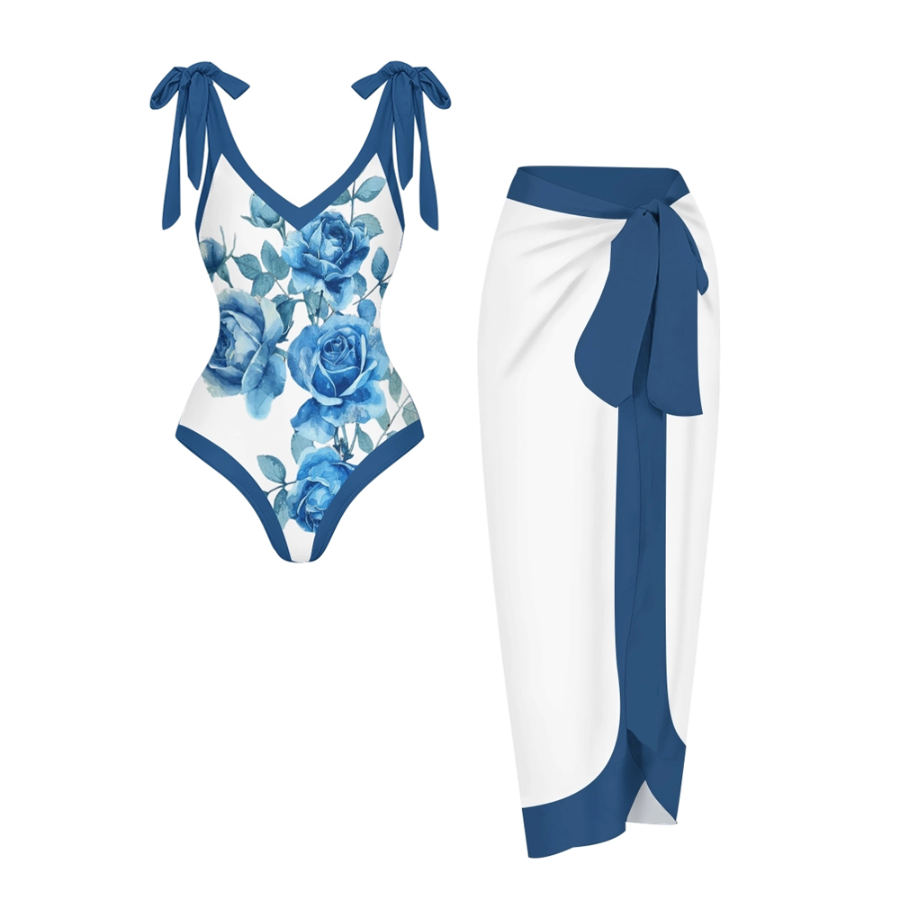 Women’s Blue Rose Swimsuit & Wrap Skirt Set with Deep V Neck and Bow Straps