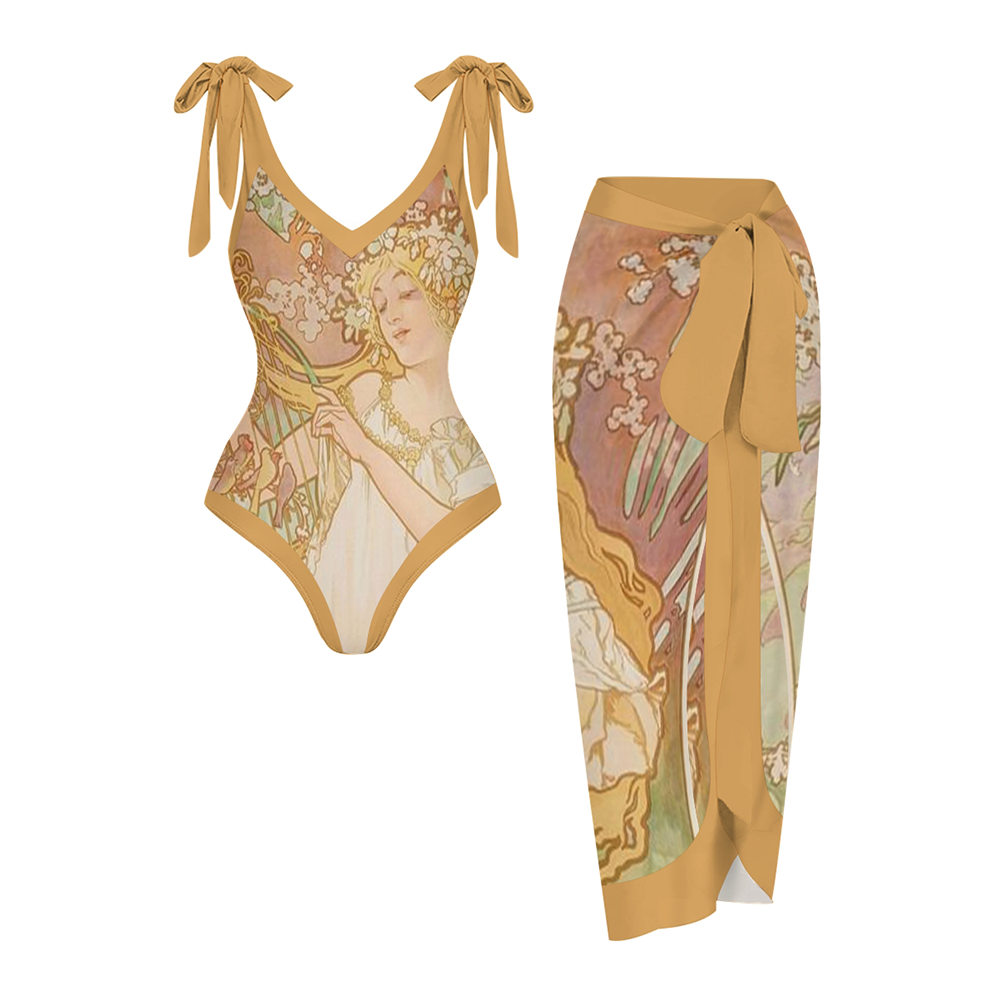 Women's  Art Nouveau Muse Print One Piece Swimsuits and Cover Ups