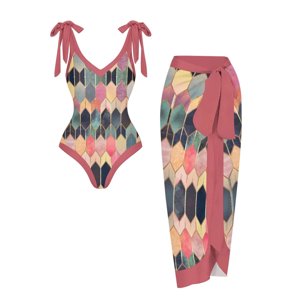 Color Block Vibrant Geometric Print One-Piece Swimsuit and Matching Sa
