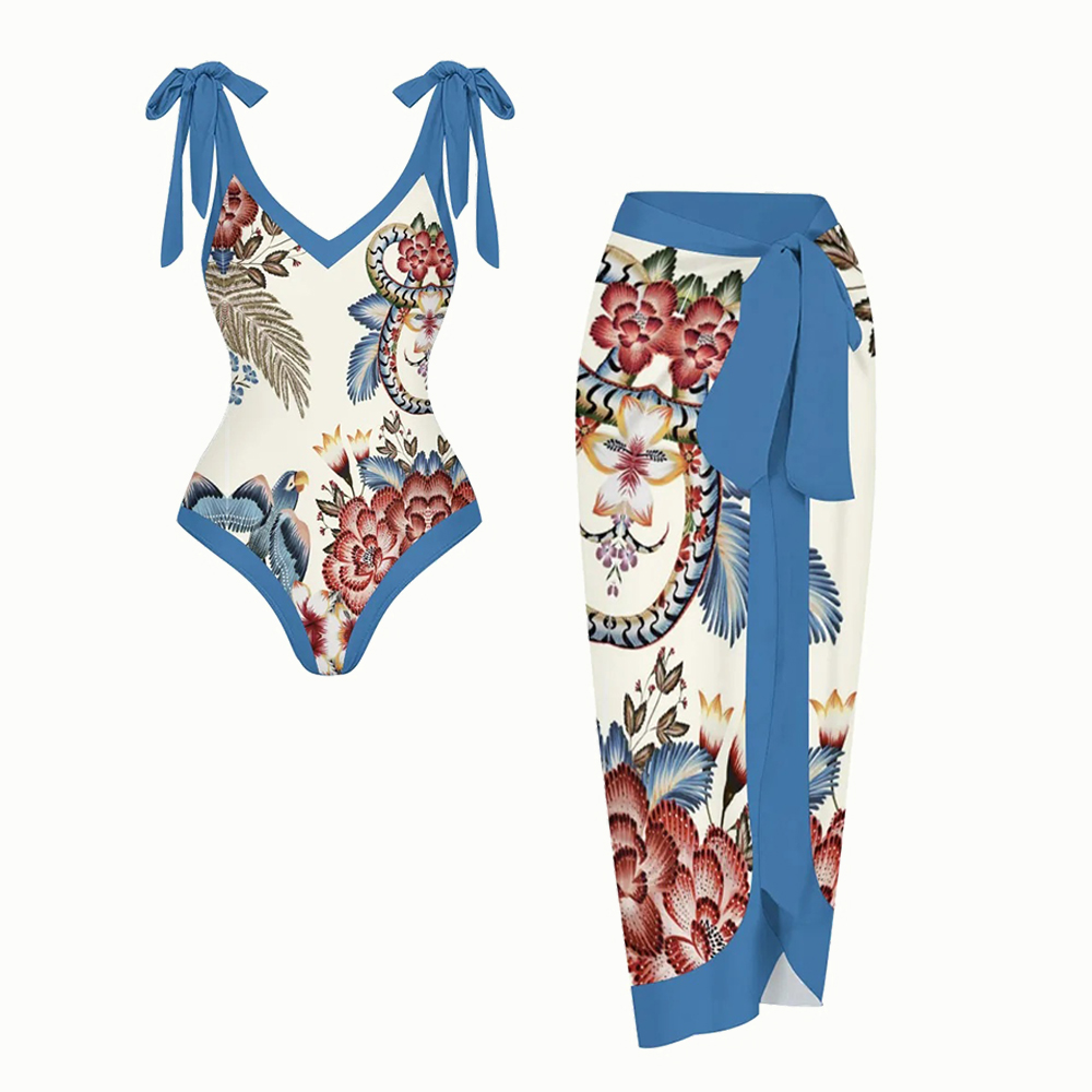 Tropical Bird Print Tie Shoulder Straps One-Piece Swimsuit with Matching Sarong Skirt