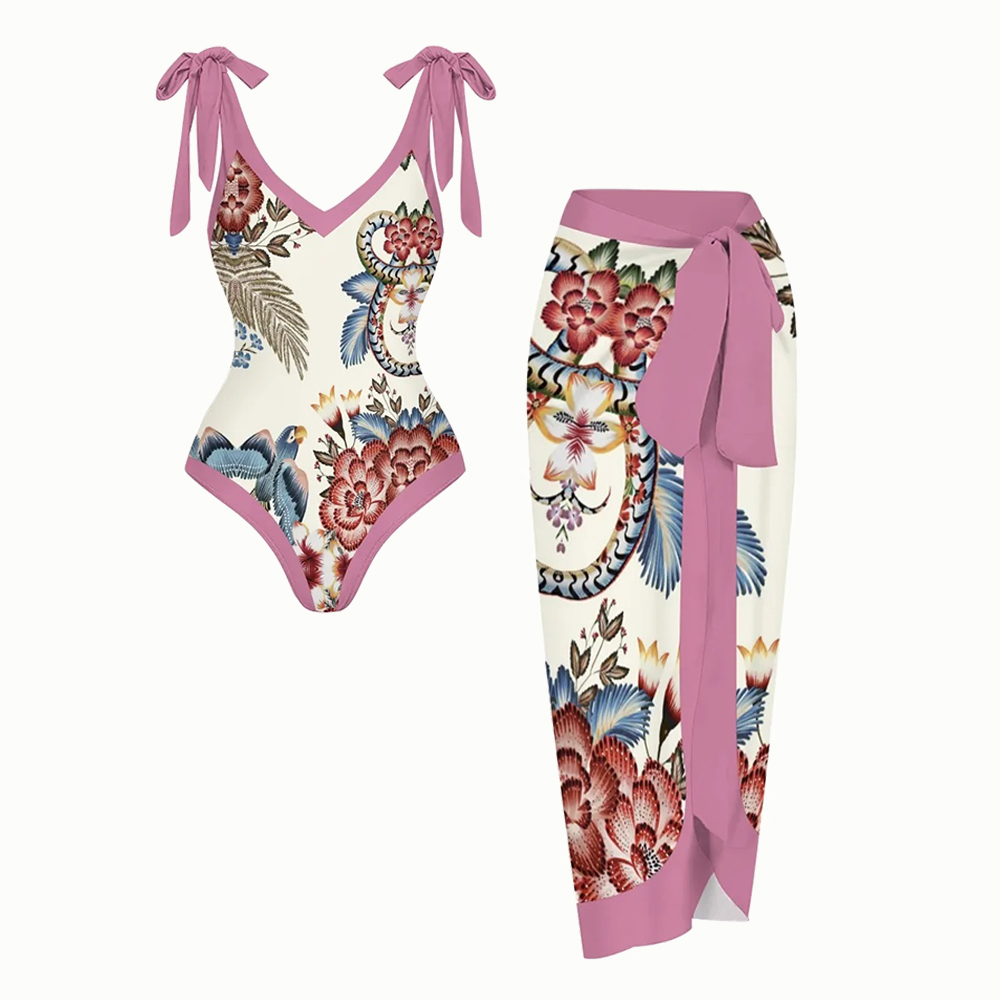 Tropical Bird Print Tie Shoulder Straps One-Piece Swimsuit with Matchi