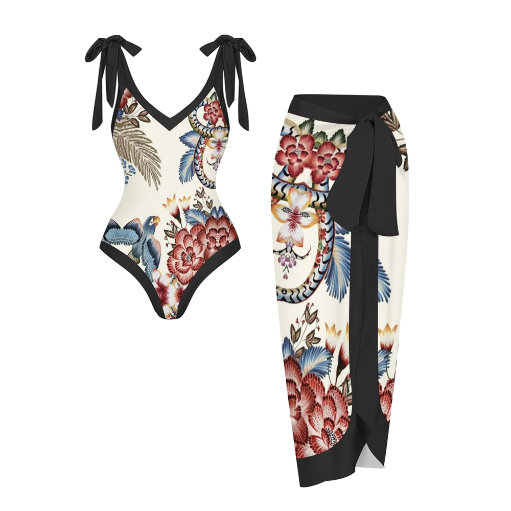 Tropical Bird Print Tie Shoulder Straps One-Piece Swimsuit with Matchi