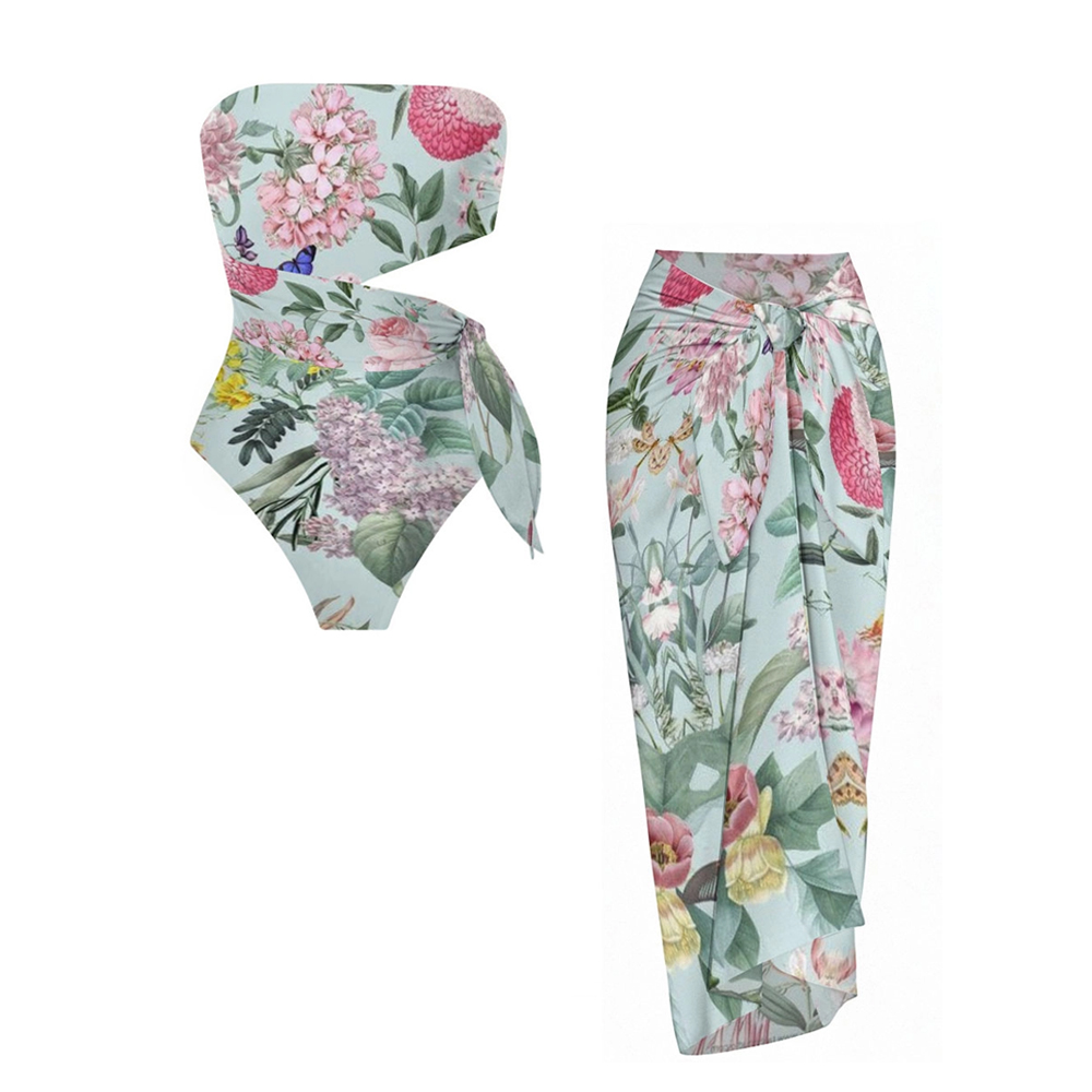 Strapless Floral Side Cutout One-Piece Swimsuit and Matching Sarong