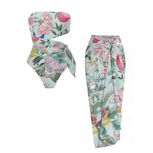 Strapless Floral Side Cutout One-Piece Swimsuit and Matching Sarong