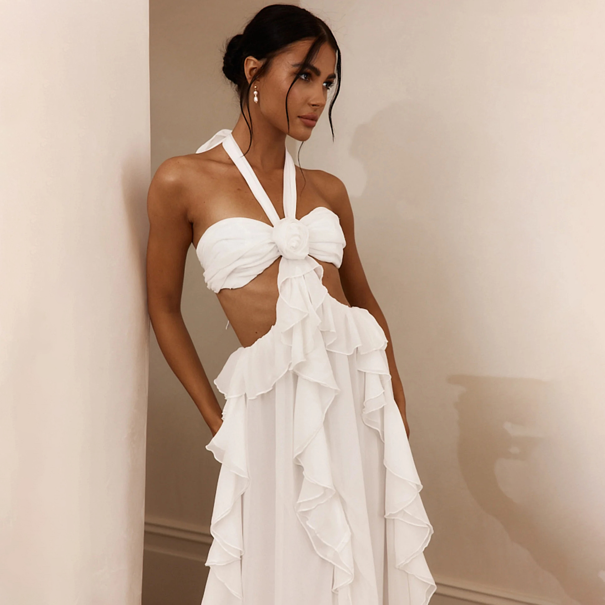 Santiago Cut-Out Ruffle Maxi Dress White