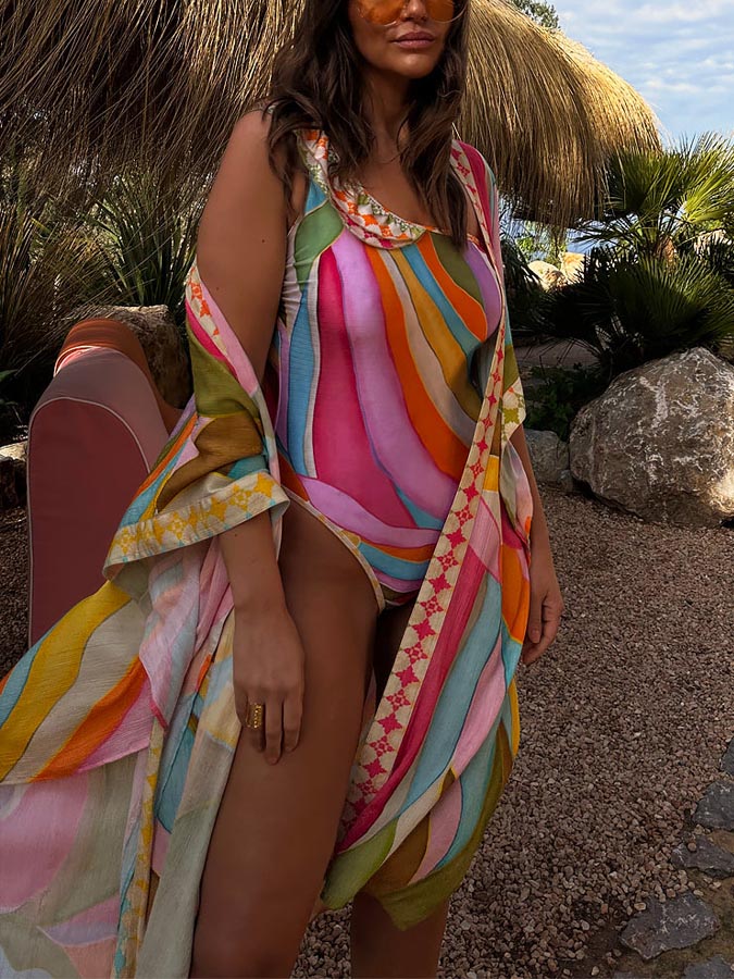 Resort Colorblock Printed Swimsuit and Cover-Up