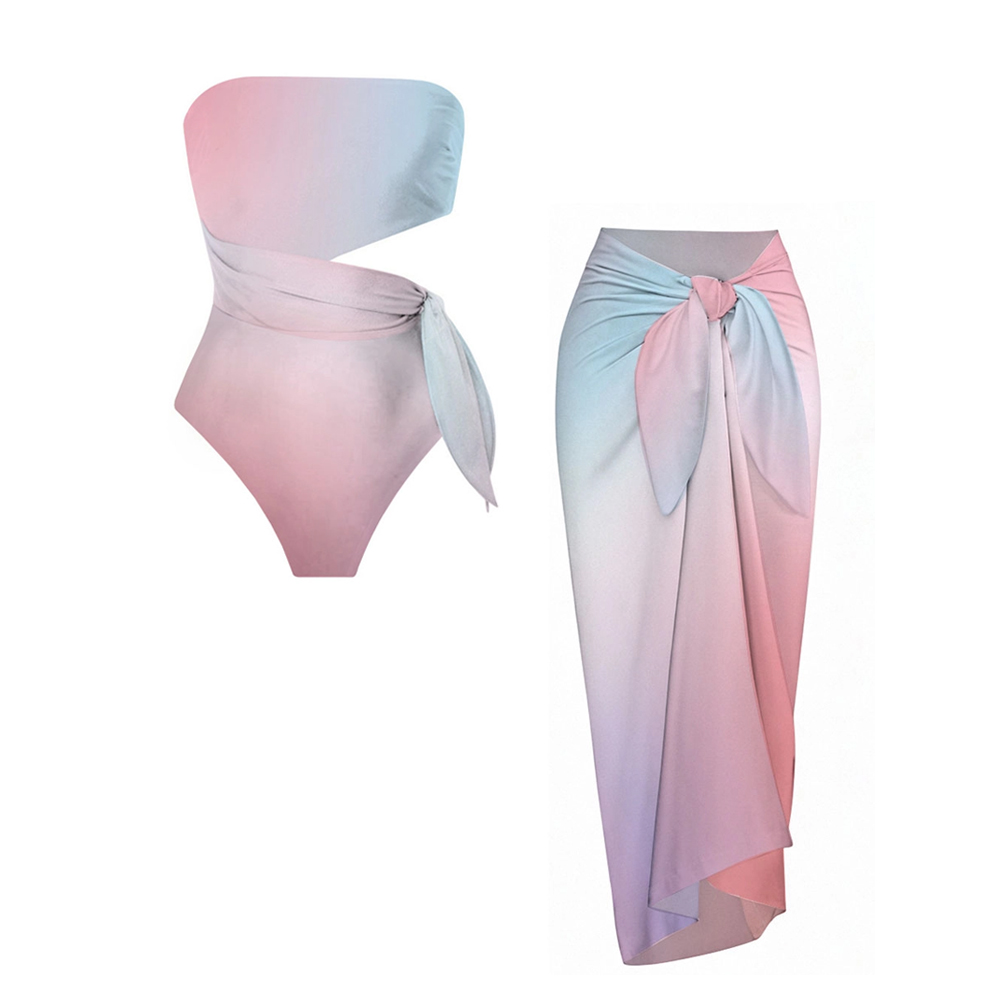 Elegant Gradient Side Knot Detail One-Piece Swimsuit and Sarong Skirt
