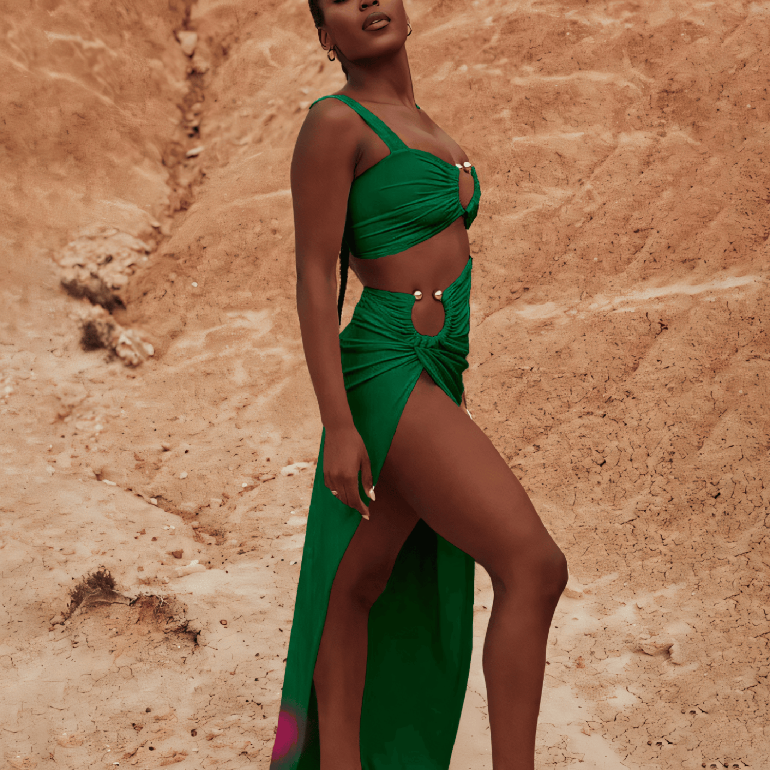 Criss-Cross Front Ring-Detail Long Skirted One-Piece Swimsuit