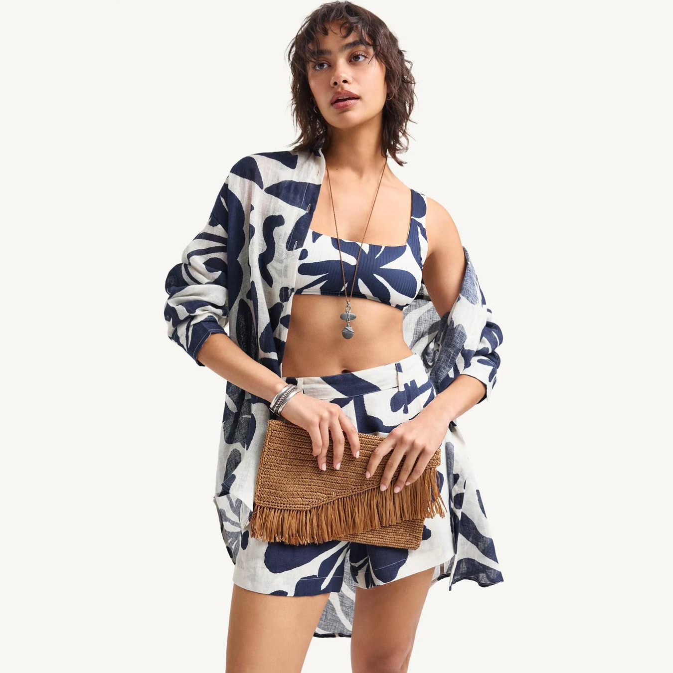 Night Flower Print Bikini Set with Long Sleeve Cover-Up