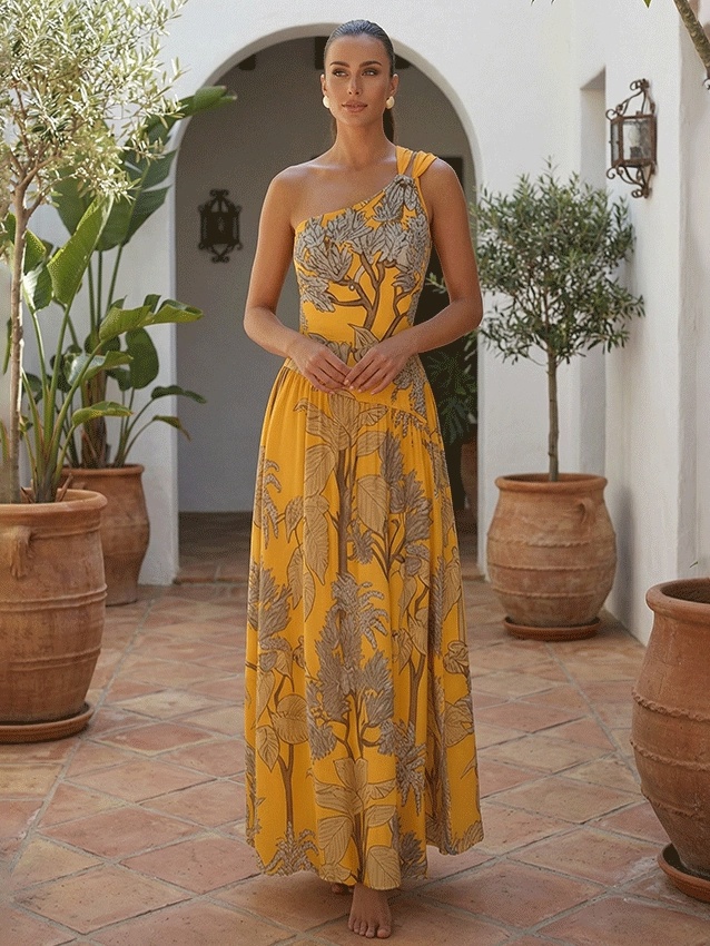 Botanical Leaf Yellow Printed Swimsuit & Cover-Up Set