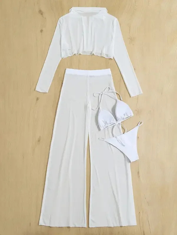 4 Pcs Halter Triangle Bikini with Cover Up