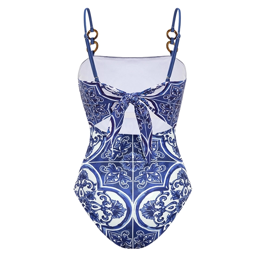 Sling Classic Majolica Series Pattern Print One Piece Swimsuit and Skirt - Blue
